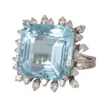 Aquamarine, diamond, platinum ring