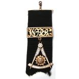 Diamond, enamel, 14k yellow gold, ribbon Masonic medal fob