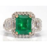 Emerald, diamond, 18k white gold ring