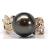 Tahitian cultured pearl, diamond, 18k yellow gold ring