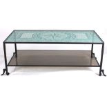 A custom etched glass cocktail table
