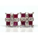 Pair of ruby, diamond, 14k white gold earrings