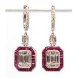 Pair of diamond, ruby, 18k white gold earrings