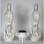 (Lot of 3) A Pair of Dehua Figures of GuanYin and a Dehua censer