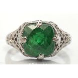 Tsavorite garnet, diamond, 14k white gold ring