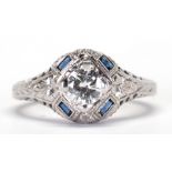 Diamond, synthetic sapphire, 18k white gold ring