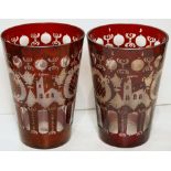 A pair of Bohemian style red cut to clear vases