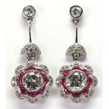 Pair of diamond, ruby, platinum earrings