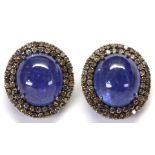 Pair of tanzanite, diamond, blackened silver and 14k yellow gold earrings