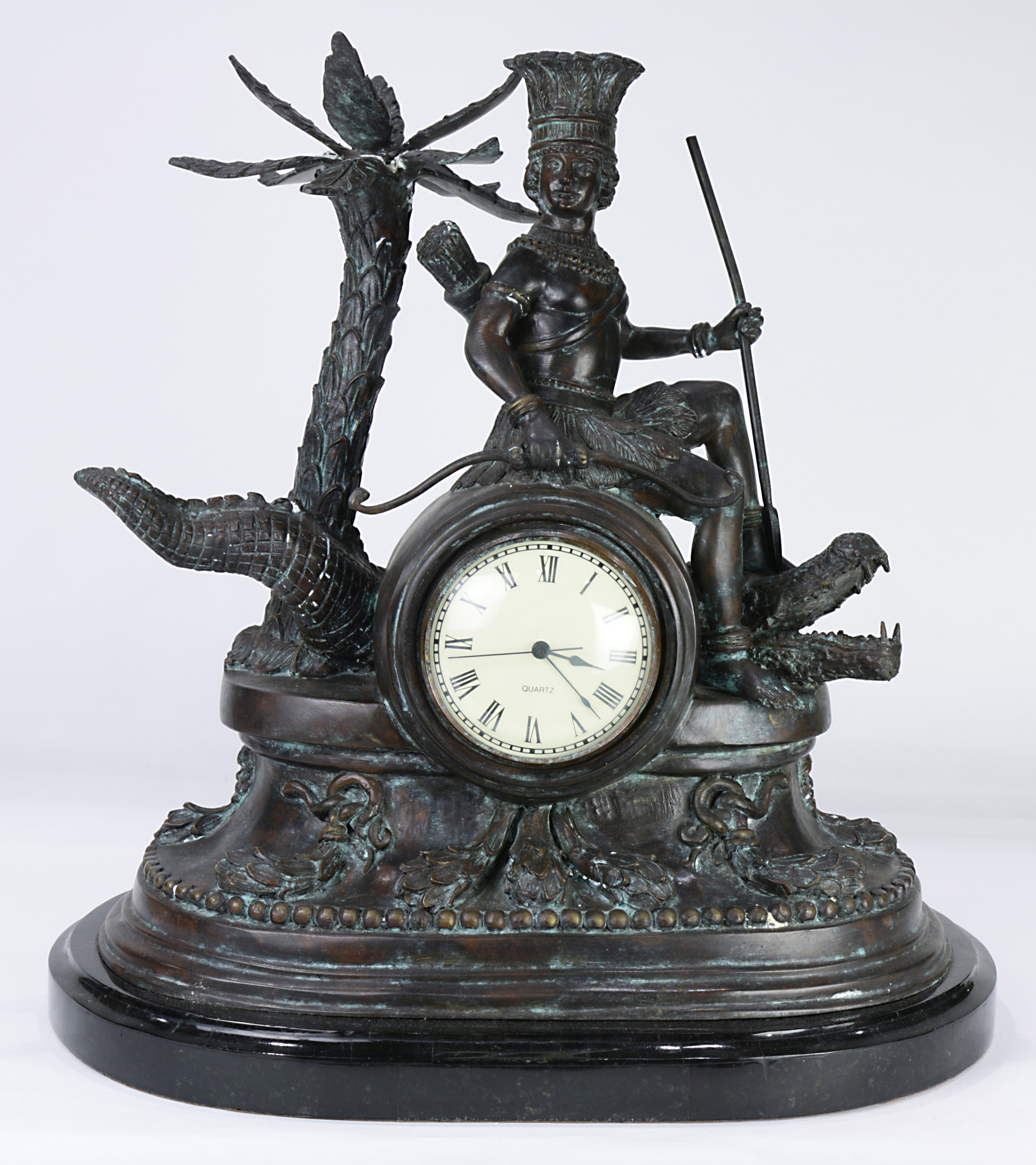 A Classical style spelter figural mantle clock