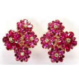 Pair of synthetic ruby, synthetic white sapphire, 14k yellow gold earrings
