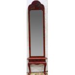 A Queen Anne style chinoiserie decorated red laquer framed mirror