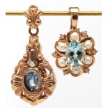 (Lot of 2) aquamarine, cultured pearl, diamond, yellow gold pendants