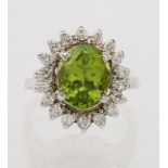 Peridot, diamond, 14k white gold ring