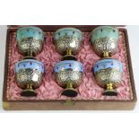 (lot of 6) A set of Turkish hallmarked silver tea cup holders with Russian porcelain tea bowls