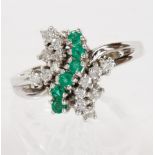 Emerald, diamond and 14k white gold ring