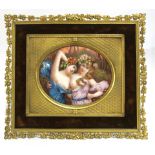 A framed French Art Nouveau Limoges enamel on copper plaque of two nymphs
