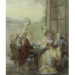 A framed Louis XV style watercolor painting of a card game
