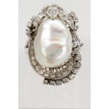 Cultured pearl, diamond, platinum ring