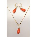 Coral, diamond, 14k yellow gold jewelry suite