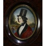 A framed Continental Grand tour miniature portrait of a Hunter
