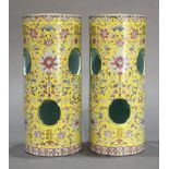 Pair Of Yellow-ground Famille Rose 'Floral' Hat Stands