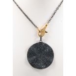 Sapphire, diamond, blackened and gilt silver disc pendant-necklace