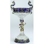 A Viennese style gilt bronze mounted enamel and crystal tazza