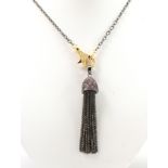 Tourmaline, diamond, blackened and gilt silver tassel necklace