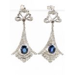 Pair of sapphire, diamond, 14k white gold earrings
