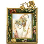 A framed French Art Nouveau portrait miniature of nude nymph