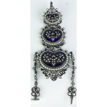 A Continental seed pearl inlaid enameled silver chatelaine