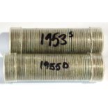 Two 50 coin rolls of 1953-s and 1955-o dimes