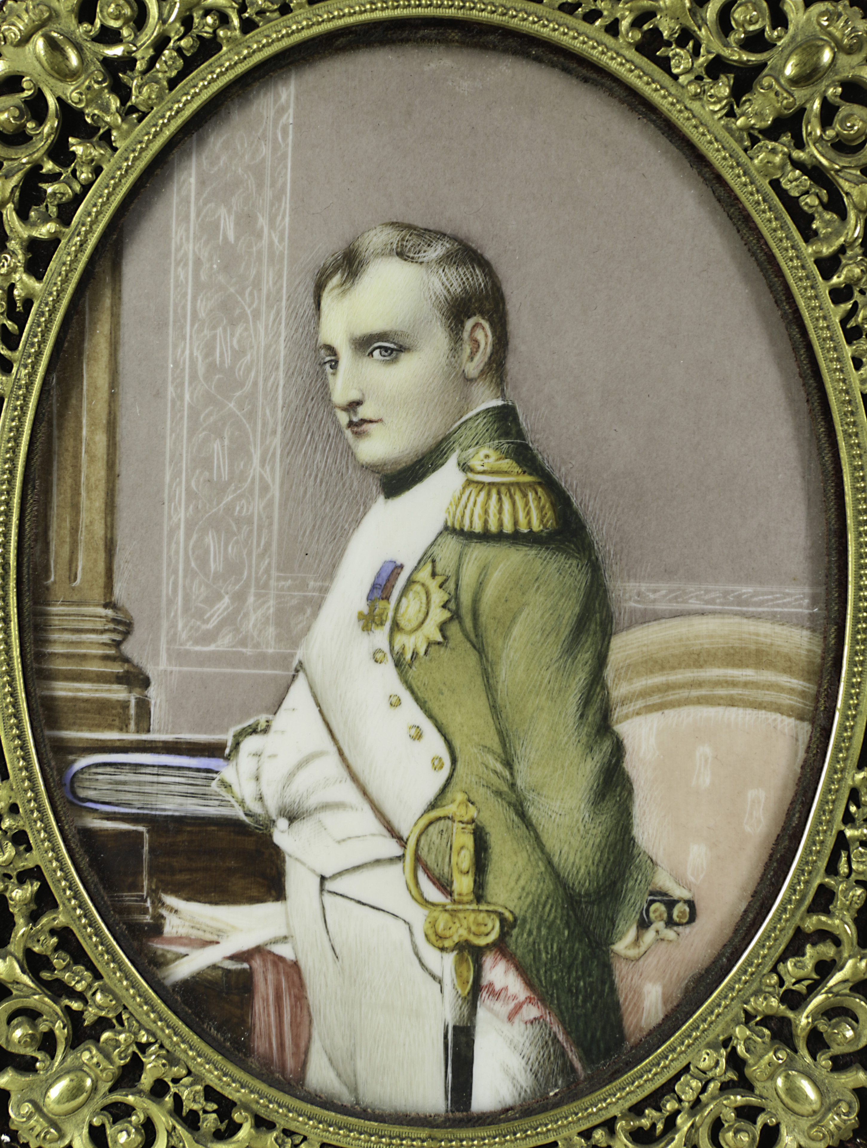 A framed portrait miniature of Napoleon