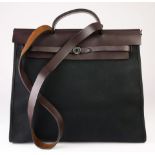 Hermes Black Canvas With Dark Brown Leather Handle Herbag 35