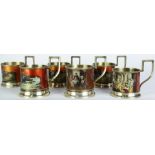 (lot of 6) A Russian silver gilt enameled tea holder set