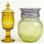 (lot of 2) Bohemian gold cut to clear glass lidded pokal