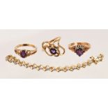 (Lot of 4) Amethyst, diamond, yellow gold jewelry