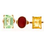 (Lot of 3) Carnelian, synthetic stone, 10k yellow gold rings