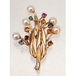 Cultured pearl, synthetic sapphire, 14k yellow gold brooch