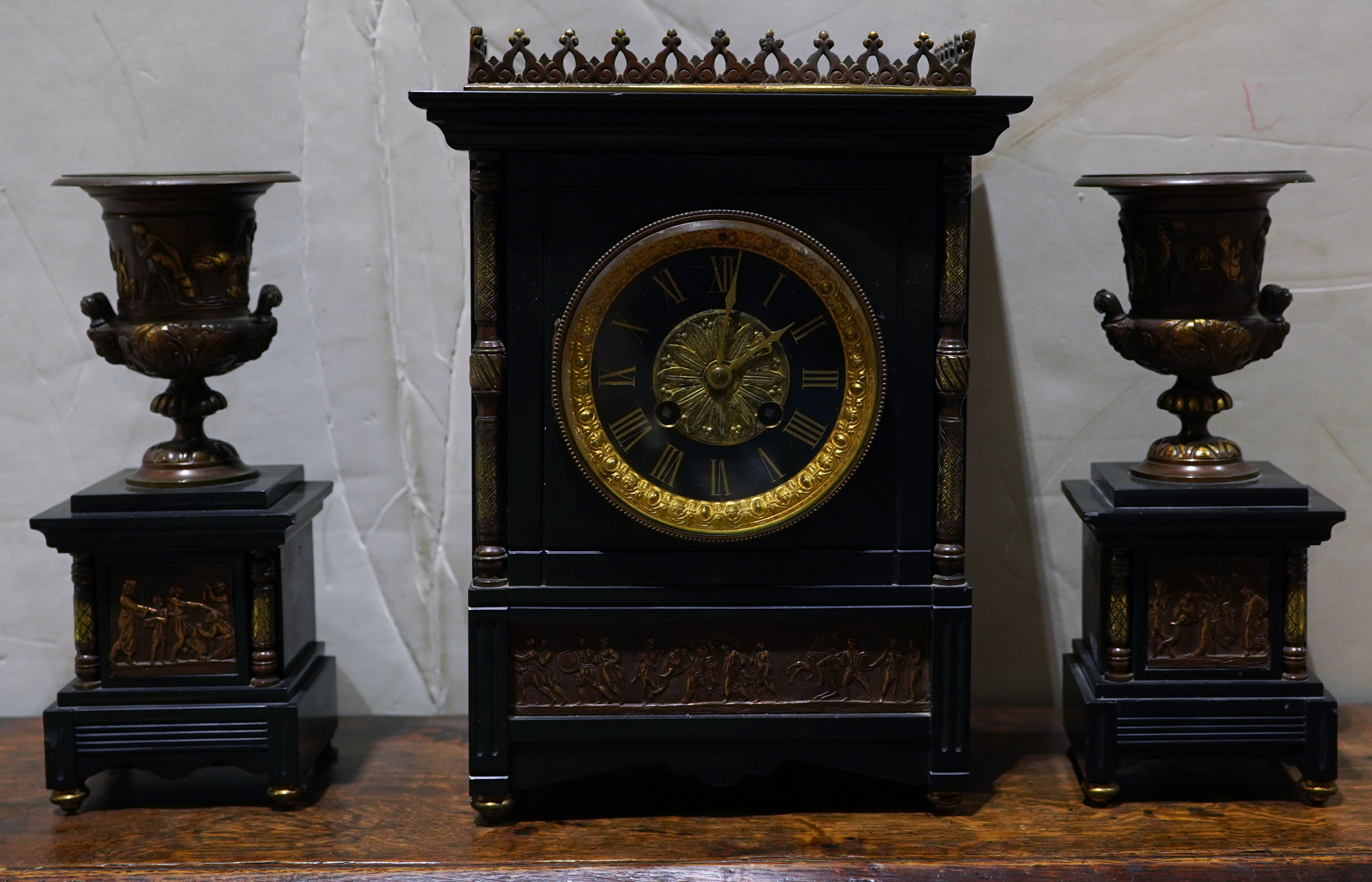 Neoclassical style clock and garniture