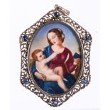 Painted miniature, sapphire and silver gilt pendant