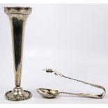 (lot of 2) Art Nouveau sterling bud vase with monogram and a Whiting Louis XV pattern pair tongs