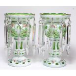 (lot of 2) Continental enameled white overlay cut to green lustres