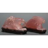 Chinese pair rose quartz figures of rabbits