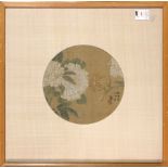 After Chinese painting of a blooming branch of chrysanthemums and a tiger lily on silk, framed