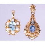 (Lot of 2) Aquamarine, cultured pearl, diamond, yellow gold pendants