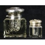 (lot of 2) Sterling silver hinged lid square form glass inkwell, largest 3.25"