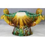 Victorian style majolica table shell centerpiece with twin mermaid, 12"h x 22"w