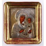 Russian silver gilt oklad clad icon of Mother of God